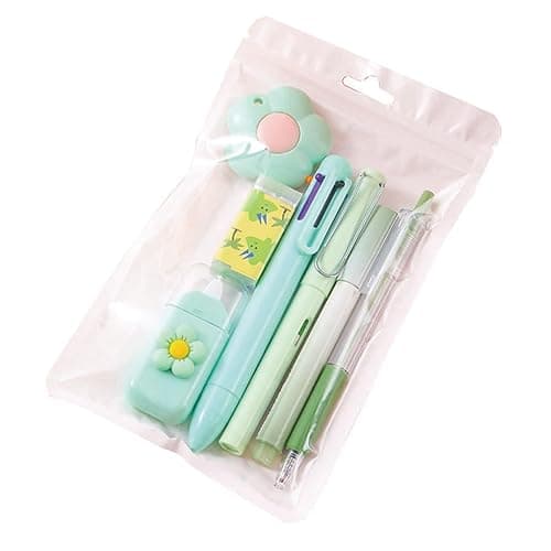7 Pcs Cute Green Stationery Set Kawaii School Supplies Office Supplies Including Ballpoint Pens Pencil Sharpener Highlighter Correction Tape Eraser Utility Knife (Green) - Image 1