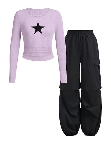 Cakaner Tween Girls Clothes Ribbed Star Printed Shirt + Cargo Pants Sets Fall Outfits Sizes 7-16 Years - Image 1