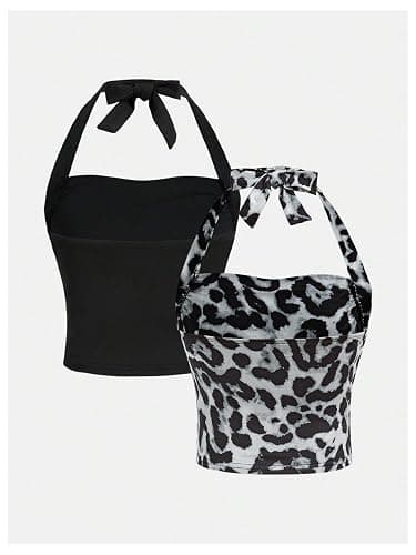 Floerns Girl's 2 Pcs Sleeveless Halter Top Leopard Print Ruched Y2k Tank Top thumbnail 2