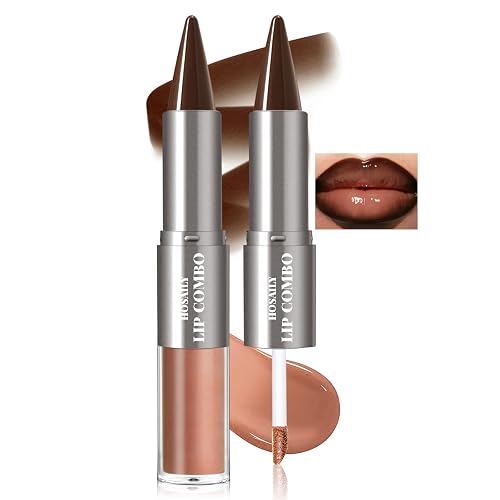HOSAILY 2 in 1 Lip Combo Sets, Dark Brown Natural Lips Liner and Liquid Lipstick Combo Moisturizing Nude Glossy Gloss Lip Kit, Plumping Lightweight Lips Pencil with High Shine Tinted Gloss Set01 - Image 1