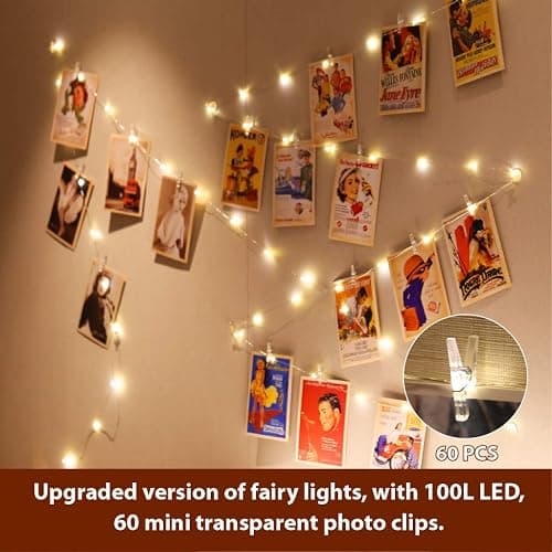HXWEIYE Warm White Photo Clips String Light, Timer & 8 Modes, 33Ft 100LEDs Battery Powered Fairy Light with 52 Clear Clips & 12 Hooks on Wall for Hanging Picture,Bedroom Party thumbnail 3
