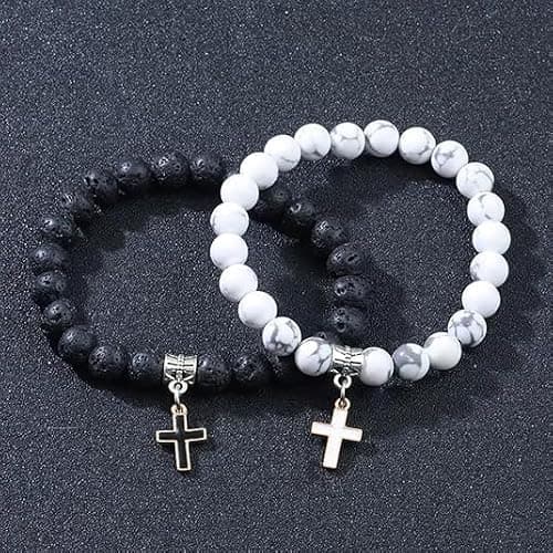 Matte Lava Rock Beaded Couple Bracelet Set for Women Men Black White 8mm Howlite Natural Volcanic Stone Matching Beads Elastic Cross Pendant Stretch Bracelets Religion Charm Friendship BFF Jewelry thumbnail 2