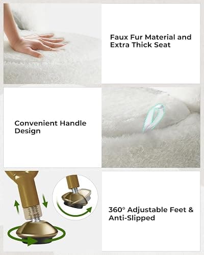 GREENSTELL Small Vanity Stool Chair with Storage and Folding Back, 13" x 13" x 17.7" Faux Fur Soft Ottoman for Teenager, 4 Metal Legs with Anti-Slip Feet, Furry Padded Seat for Makeup, Bedroom, White thumbnail 7