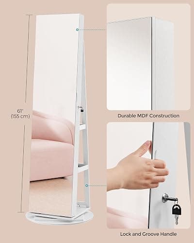 SONGMICS 6 LEDs Lockable Mirror Jewelry Cabinet, 360° Swivel Jewelry Organizer Armoire Standing, Frameless Full-Length Mirror, 3 Storage Shelves, White Surface, Greige Lining UJJC007W02V1 thumbnail 7