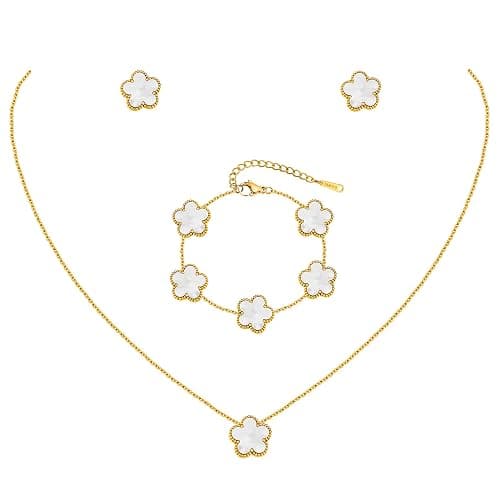 Gold Necklaces Bracelets Earring Set - 18K Gold Plated Flower Bracelet Chain,Stainless Steel Non Tarnish Floral Pendant Stud Jewelry Sets,Christmas Birthday Lucky Gift for Mom Wife Daughter Girlfriend - Image 1