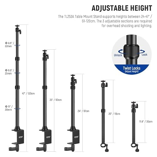 NEEWER TL253A+DS001 Table Camera Tripod with 2 Telescopic Arms, Phone Holder, Ball Heads, Screw Adapter, Table Light Stand for Camera, Mobile Phone, Webcam, Ring Light thumbnail 2