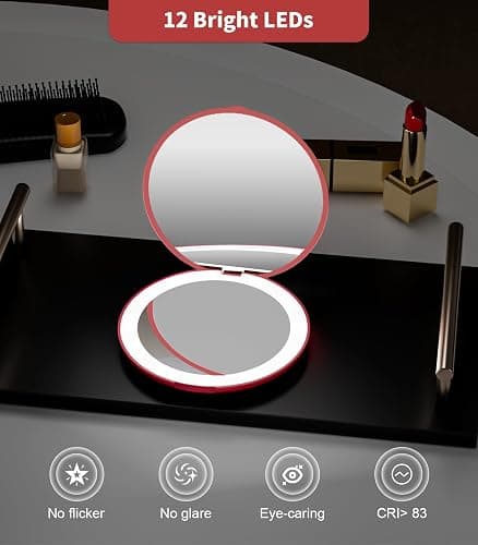 wobsion Travel Mirror with Light, 1x/10x Compact Magnifying Mirror,Handheld 2-Sided Pocket Mirror,Led Small Makeup Mirror,3.5in Compact Mirror for Purses,Travel Size Mirror for Handbag,Gift,Wine Red thumbnail 5