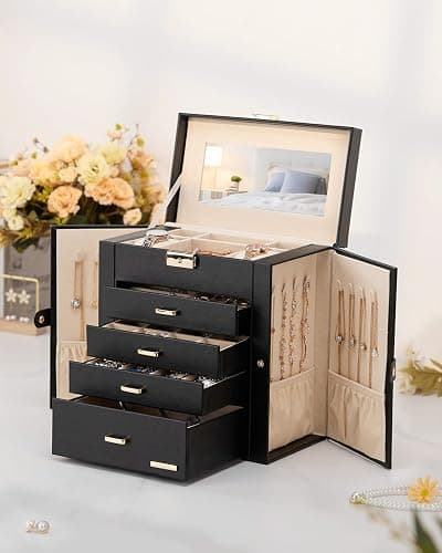 Homde Synthetic Leather Huge Jewelry Box Mirrored Watch Organizer Necklace Ring Earring Storage Lockable Gift Case (Black + Gold) thumbnail 2