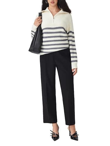 CIDER Women's Striped Quarter Zip Pullover Sweater Mock Neck Knit Fall Fashion Casual Sweater thumbnail 4