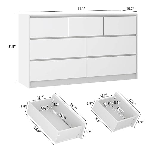 jiteentarou White Malm Dresser for Bedroom, 55 Inch Full High Gloss Dresser with 7 Drawers, Modern Large Wood Chest of Drawer Handle Free, Living Room, Entryway, Hallway, White thumbnail 2