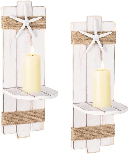SOMTO White Starfish Wall Candle Sconces,Beach Themed Wall Decor Ocean Wall-Mount Candleholders,Nautical Style Bathroom Decor, Coastal Farmhouse Seashell Candle Holders,Set of 2 - Image 1