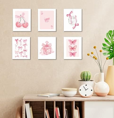 MINI ZOZI Pink Bow Decor 8X10 6PCS Bows Coquette Wall Art Trendy Posters Cherry Paintings Preppy Poster Decorations Girl Bedroom Dorm Nursery Room Cute Pictures Print Aesthetic thumbnail 6
