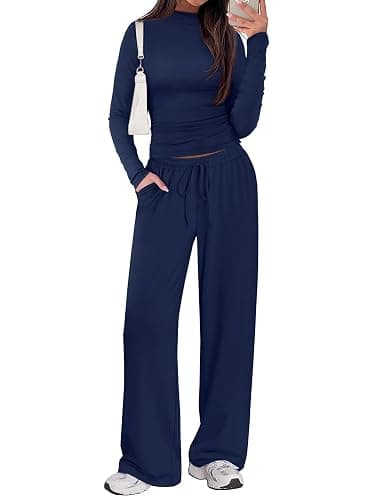 Sampeel Two Piece Lounge Set for Women 2 Piece Fall Outfits 2025 Mock Neck Ruched Tops Wide Leg Pants Travel Airport - Image 1
