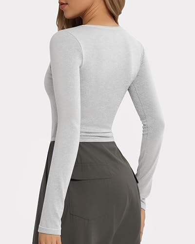 MANGOPOP Long Sleeve Shirts for Women Fall V Neck T Shirt Slim Fitted Tees thumbnail 3