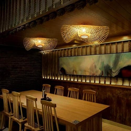 Plafonnier En Bambou Suspension Rétro E27 Lustre Rotin Naturel Éclairage Campagne Tissé À La Main Chambre Restaurant Salon Café Décoration Économie D'énergie, A, 55cm thumbnail 4