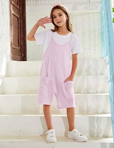 CharmWM Girls Summer Jumpsuits Spaghetti Strap Sleeveless Loose Romper Short Pants with Pockets 5-14 Years thumbnail 3