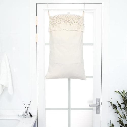 Mkono Macrame Hanging Laundry Hamper Bag Over The Door Organizer Laundry Bag Boho Decor Hanging Clothes Hamper for College Dorm Room Bathroom Home Travel Space Saving thumbnail 5