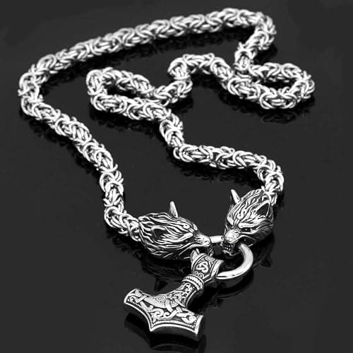 GuoShuang Wolf Head with Thor Mjolnir Pendant Necklace Stainless Steel - King Chain thumbnail 3