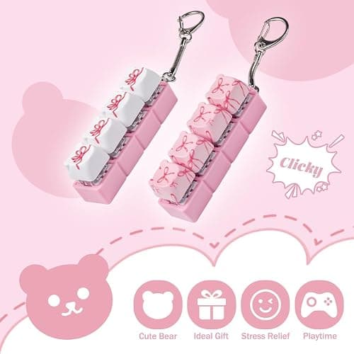 2 Pcs Keyboard Fidget Toys for Adults, Cute Bear Fidget Keyboard Clicker Keychain Pink Bow Cube Button Finger Clicker Toy for Anxiety ADHD Stress Relief Gift (Pink, White) thumbnail 4