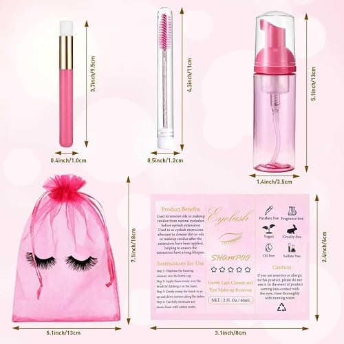 50 Pcs Lash Shampoo Bottle Brushes Set 10 Empty Foam Pump Dispensers 10 Label Stickers 10 Mascara Wands Tubes 10 Cleansing Brush 10 Bag for Eyelash Extensions Aftercare(Rose Red) thumbnail 2