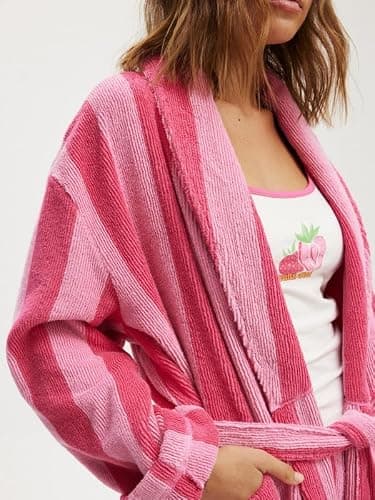 Leyajedol Women’s Striped Shawl Robe Plush Fleece Nightgown BathRobe With Belt Long Sleeve Graphic Bathrobe With Pockets thumbnail 4