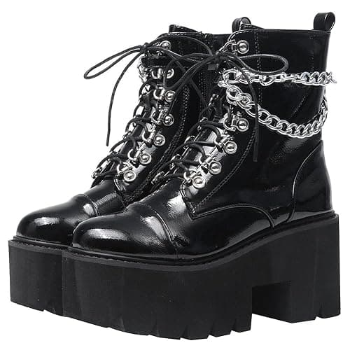 CYNLLIO Platform Ankle Boots for Women Combat Chunky Wedge Heel Boots Rave Goth Lace Up & Zipper Booties Punk Chain Shoes for Festival Concert Cosplay Party - Image 1