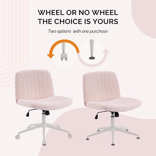 VINGLI Criss Cross Legged Chair,Wide Comfy Office Desk Chair,Dual-Use with/no Wheels Computer Task Chair,Swivel Armless Vanity Boucle Chair for Study,Make Up,Home Office,Teddy Fleece,Pink thumbnail 3