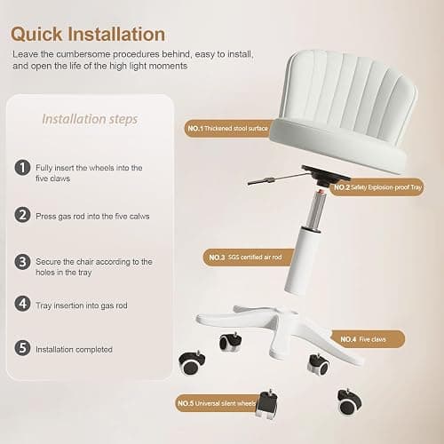 WXJHL Small Round Rolling Desk Chair Armless Comfy Vanity Computer Chair with Low Backrest PU Leather Height Adjustable Swivel Work Spa Chair thumbnail 4