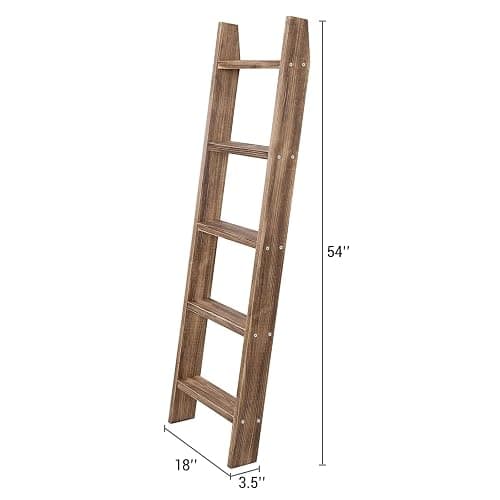 MyGift 4ft Tall Rustic Burnt Natural Wood Wall Leaning Blanket Ladder Shelf with 5 Rungs, Decorative Living Room Throw and Quilt Holder, Farmhouse Bedroom Decor thumbnail 3