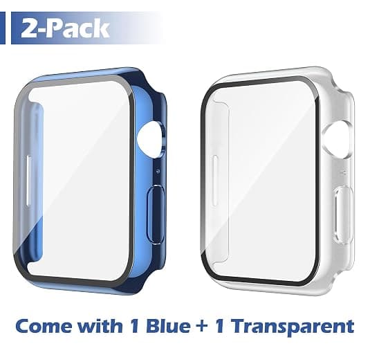 Misxi [2 Pack Waterproof Anti-Scratch Case with Button for Apple Watch Series 9 (2023) Series 8 Series 7 45mm, Hard PC Cover with Tempered Glass Screen Protector for iWatch, 1 Blue + 1 Transparent thumbnail 2
