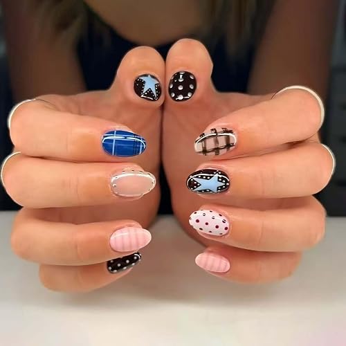 24Pcs French Tip Press on Nails Short Almond Polka Dot Fake Nails Press ons Nail Tips, ZWENJIE Stick on Nails Colorful Acrylic Nails Kit False Nails Plaid Design Nail Art for Women Manicure - Image 1