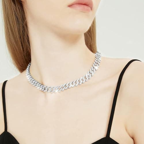 HDMENC Mens and Womens Miami Cuban Link Chain Necklace 12mm Diamond Prong Cuban Chain 18/20/24inch Length Hip Hop Jewely thumbnail 3