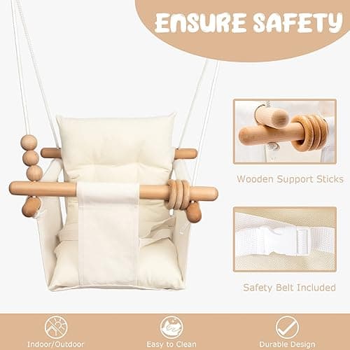 Tislly Baby Swing Outdoor Indoor for Infants, Toddler Swing Seat with Safety Belt, Canvas Hanging Swings Outside Tree Swing Great Gift for Baby Boys Girls Kids Lovers - White Checkered thumbnail 3