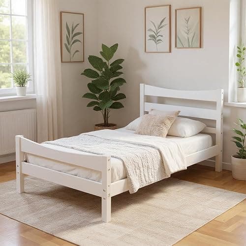 NAFORT Twin Bed Frame with Headboard/Wood Twin Size Platform Bed Frame/Wood Slat Support/Mattress Foundation/No Box Spring Needed/Easy Assembly - White, Twin - Image 1