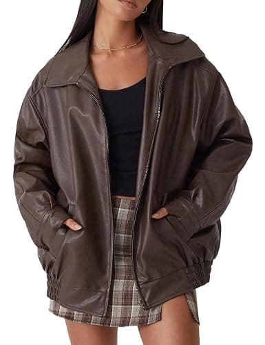 FSVABY Womens Oversized Faux Leather Motocycle Jacket Zip Up Outwear Coat with Pockets - Image 1