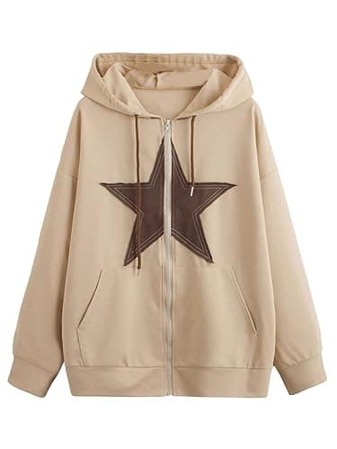 SweatyRocks Women's Star Print Zip Up Oversize Long Sleeve Casual Pocket Drawstring Hoodie - Small - Khaki