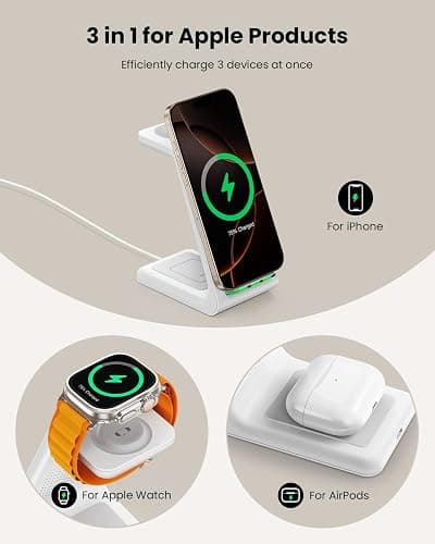 Wireless Charging Stand, GEEKERA 3 in 1 Wireless Charger Dock Station for iPhone 17 16 15 14 13 12 11 Pro Max Plus/X/8 Series, Apple Watch Ultra 11/10/9/SE/8/7/6/5/4/3/2, AirPods Pro/3/2 thumbnail 2