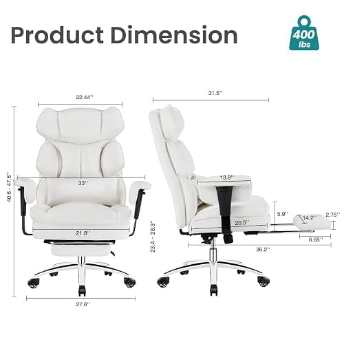 OLIXIS Home Office Desk Chair Comfy with Foot Rest, PU Leather Ergonomic Big and Tall High Back Support, 360° Swivel Wheels, Armrests and Detachable Pillow, Height Adjustable, White thumbnail 2