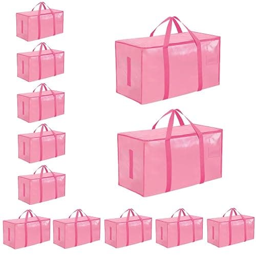 12 Pack-Extra Large Heavy Duty Moving Bags - Waterproof Storage Totes with Handles & Zippers, Foldable for College Dorm, Storage (Pink) - Image 1