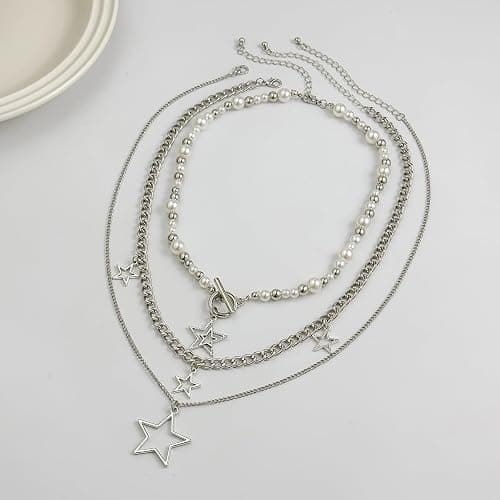 Inactwin Star Y2k Silver Necklace Grunge Layered Necklace Cute Aesthetic Stack Toggle Chain Necklaces Gothic Vintage Emo Jewelry Set for Women thumbnail 5