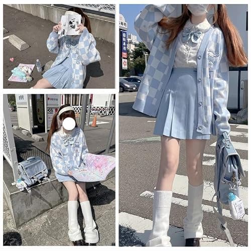 Kawaii Sweater Anime Plaid Cardigan Sweaters Cardigan for Women Cosplay Costume V Neck Long Sleeve thumbnail 5