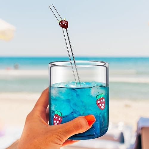 Skylety 2 Set Strawberry Icon Juice Glass Cups - Icon Glass Cup with 2 Straw 14 oz Double Old Fashioned Cute Pattern Glassware for Tea, Water, Milk, Coffee, Parties Gifts thumbnail 4