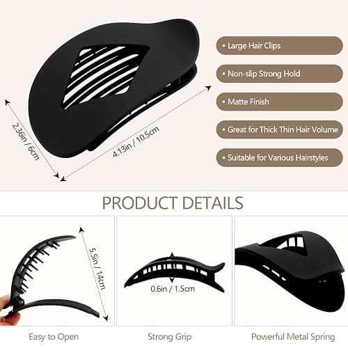 Atoden Large Flat Round Hair Clips Oval Claw Clips for Thick Medium Thin Hair 6Pcs Non Slip Strong Hold Barrettes Duckbill Accessories for Women Girls Matte Black Color thumbnail 5