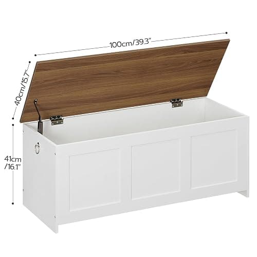 HOOBRO Storage Bench, 39.3" Retro Wooden Storage Chest, Wooden Storage Trunk, Toy Chest with Lift Top, Multifunctional Entryway Organizer, for Entryway, Living Room, White and Walnut WH141CW01 thumbnail 3