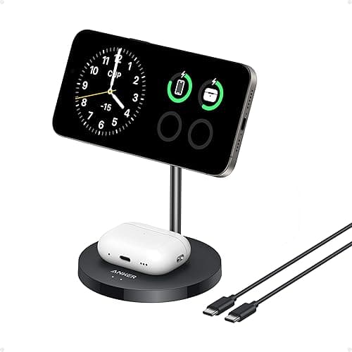 Anker MagSafe Compatible MagGo Charger Stand, iPhone 16 Wireless Charger, 2-in-1 Charging Station, Qi2 Certified 15W Wireless Charger Stand, for iPhone 16/15/14/13/12, AirPods Pro (No Wall Charger) - Black (No Charger Included) - Image 1