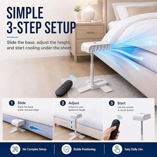 Auriiktch Bed Fan Cooling System, Under Sheet Bed Cooling Fan with 5 Speeds & Remote Control, Bed Fan Under Sheet for Hot Sleepers & Night Sweats, Fits All Mattress Heights thumbnail 6