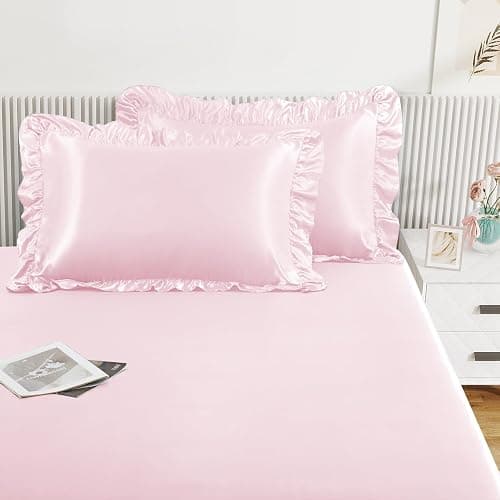 Homiest 2-Pieces Ruffle Pillow Case & Satin Fitted Sheet Set, Blush Pink Twin Satin Sheets with Ruffled Pillow Shams, 15 Inch Deep Pocket, Cute & Coquette Silk-Like Bed Set for Decorating Bedroom thumbnail 2