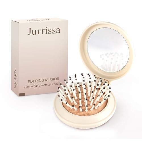 Jurrissa Folding Hair Brush with Mirror for Women Men and Kids,Portable Compact Hair Brush for Purse Pocket Bags, Travel Size Foldable brush with Case, Easy to Carry(Beige) - Image 1