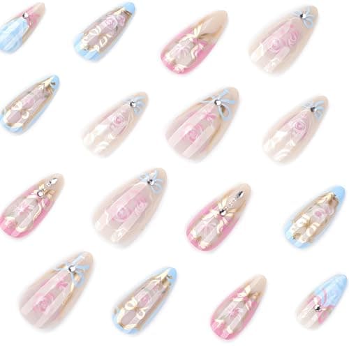 24Pcs Almond Press on Nails Heart Flowers Fake Nails with Exquisite Rhinestones Design Glossy Full Cover Rose False Nails with Glue Medium Romantic Stick on Nails Acrylic Nail Art for Women thumbnail 4