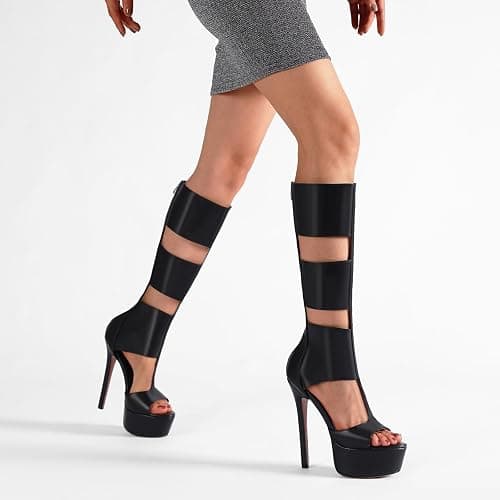 FancyQueen Platform Knee High Heels for Women, Gladiator Open Toe Summer Boots Black Heels Sandal, Sexy Style Casual for Party thumbnail 4